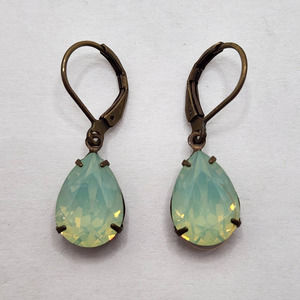 Liz Palacios Blue Green Prong Crystal Teardrop Earrings Leverback Antiqued Brass